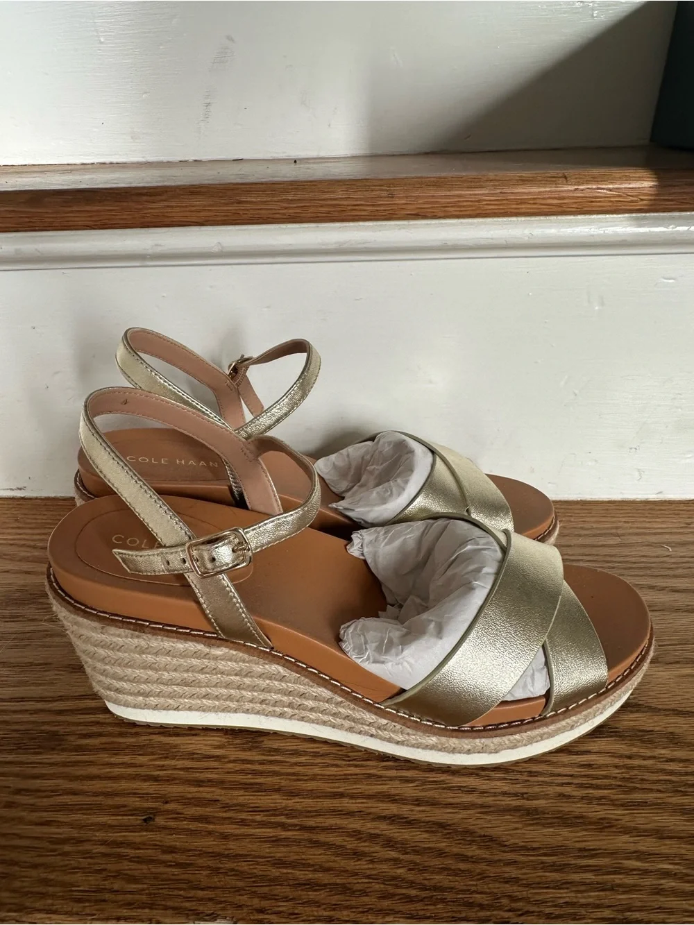 Cole Haan Soft Gold Silvee Wedge Espadrille Sandal coastal grandma wedding guest